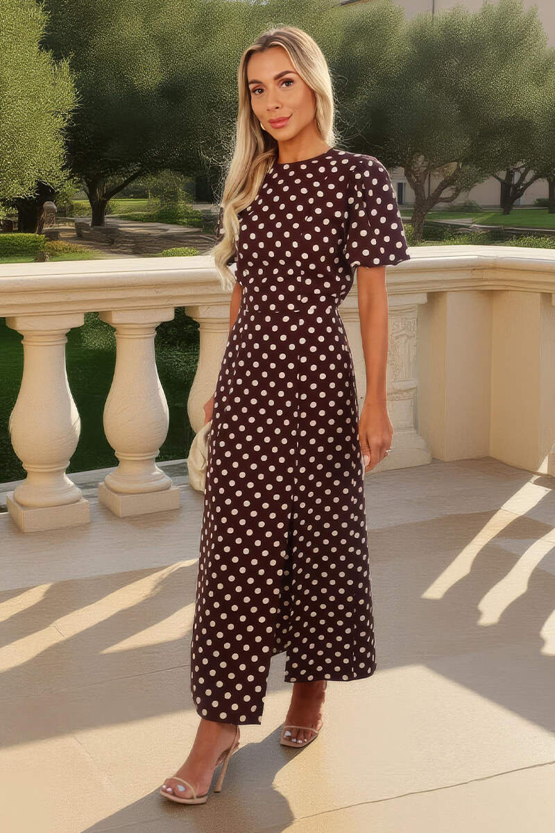 Vestido midi con estampado de lunares color chocolate y mangas abullonadas