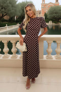 Vestido midi con estampado de lunares color chocolate y mangas abullonadas