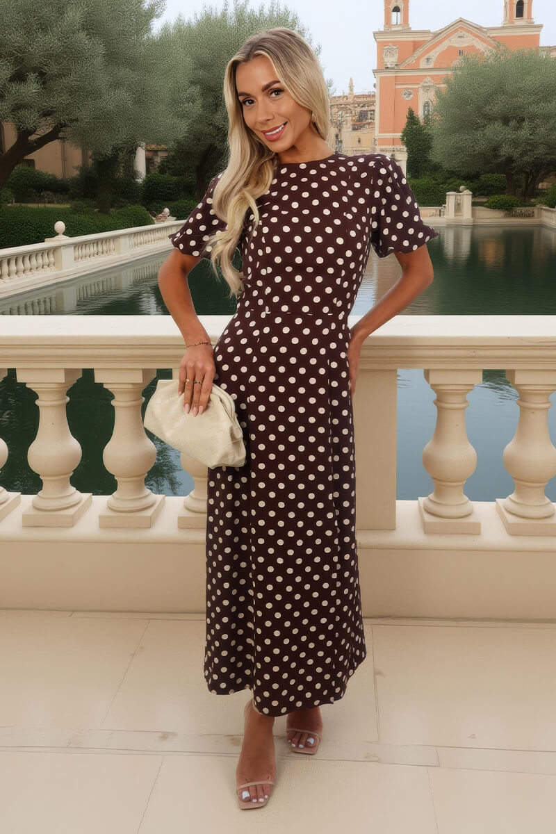 Vestido midi con estampado de lunares color chocolate y mangas abullonadas
