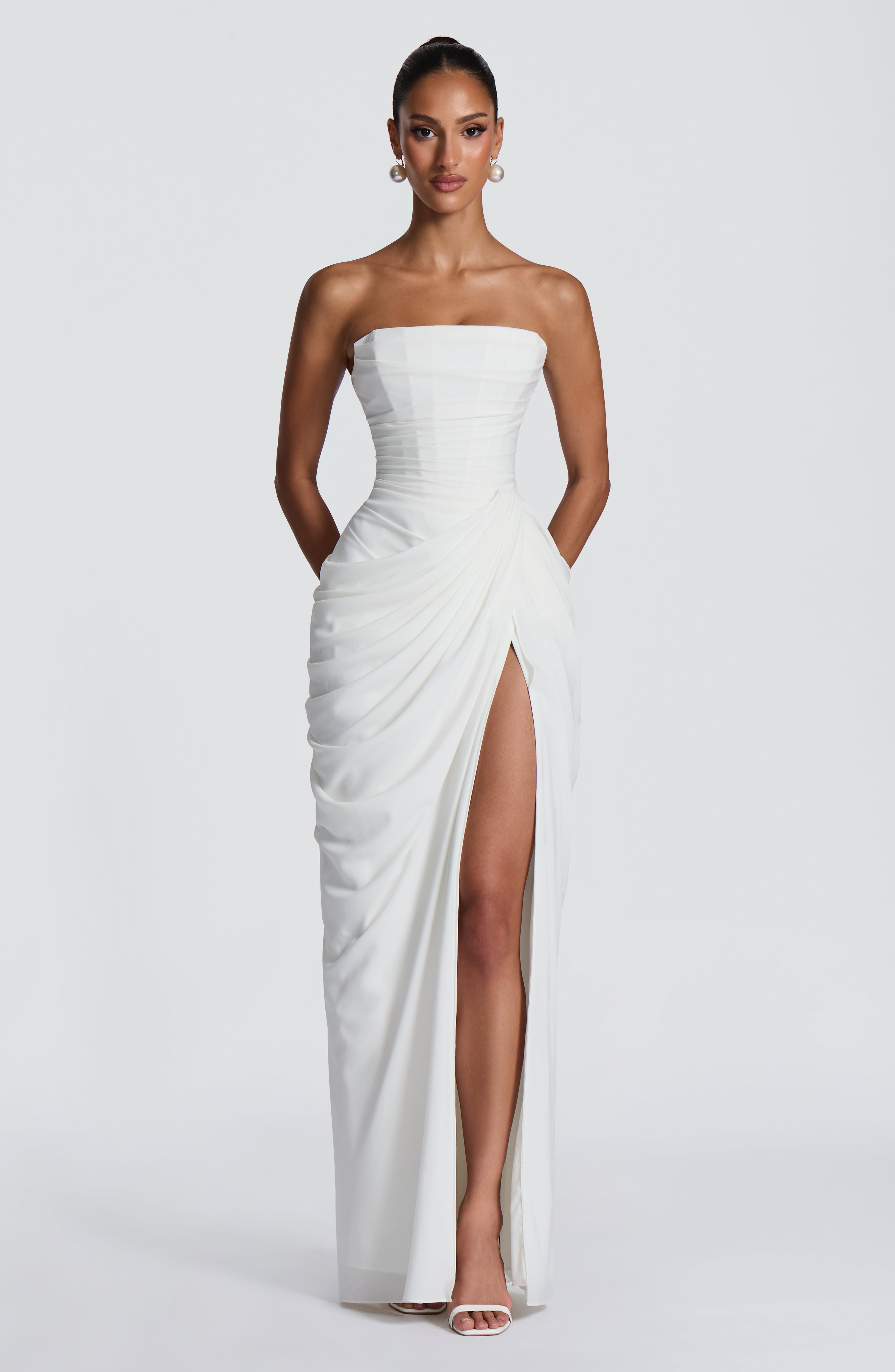 HANNAH | Elegantes Maxikleid mit Drapierung und Hohem Schlitz