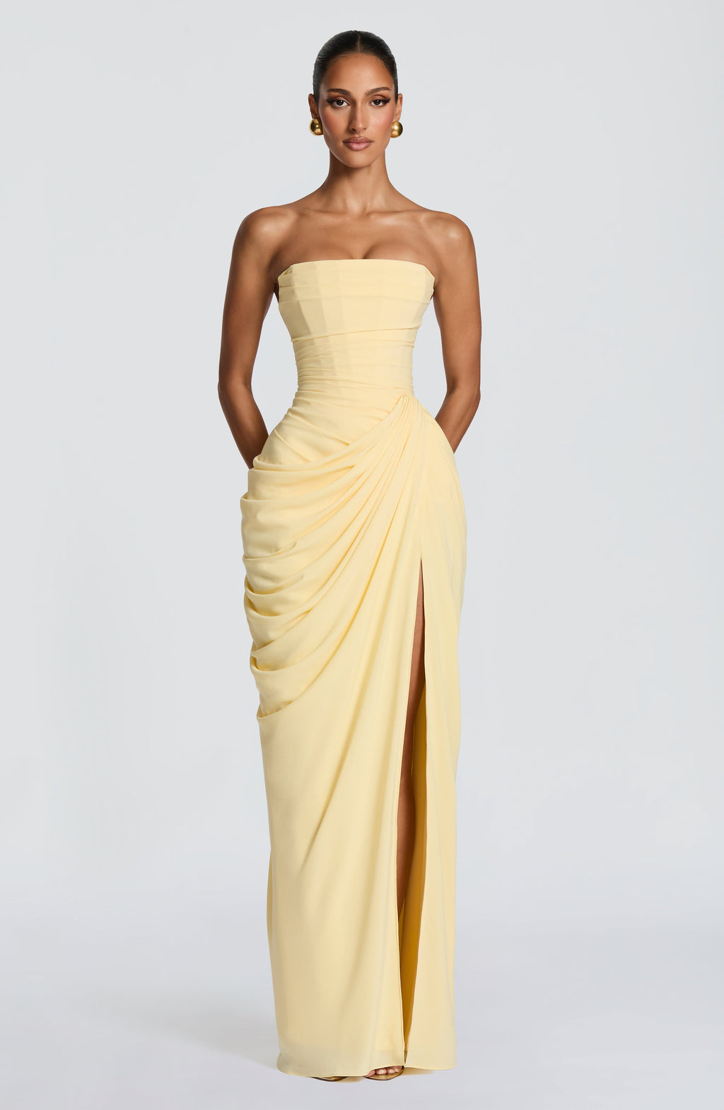 HANNAH | Elegantes Maxikleid mit Drapierung und Hohem Schlitz