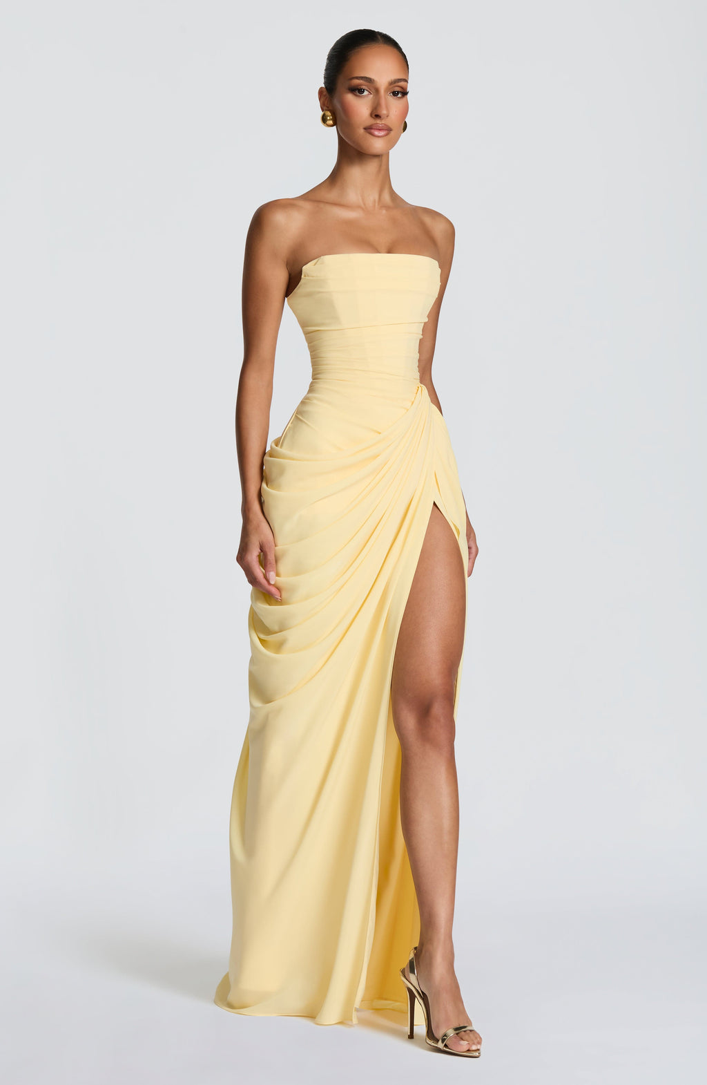 HANNAH | Elegantes Maxikleid mit Drapierung und Hohem Schlitz