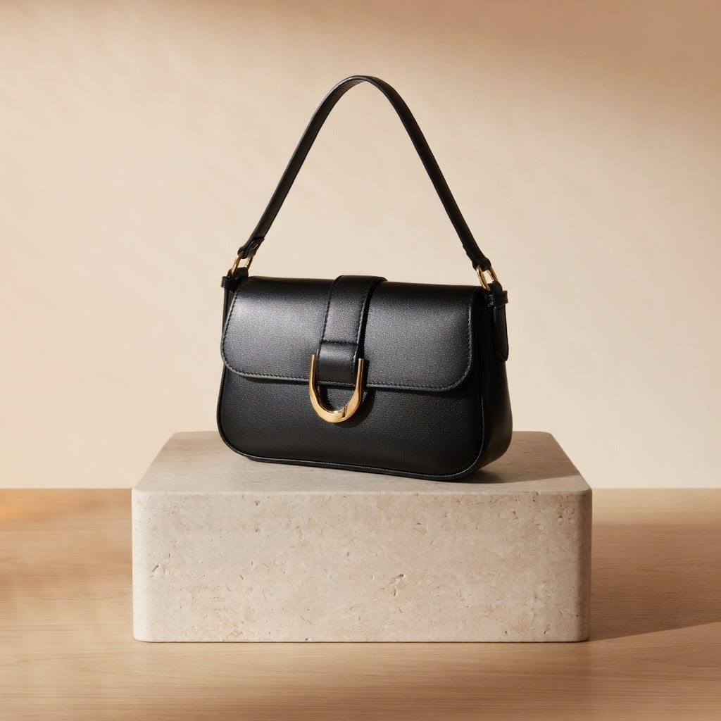 Bolso Baguette Piel Lacada con Herraje Dorado
