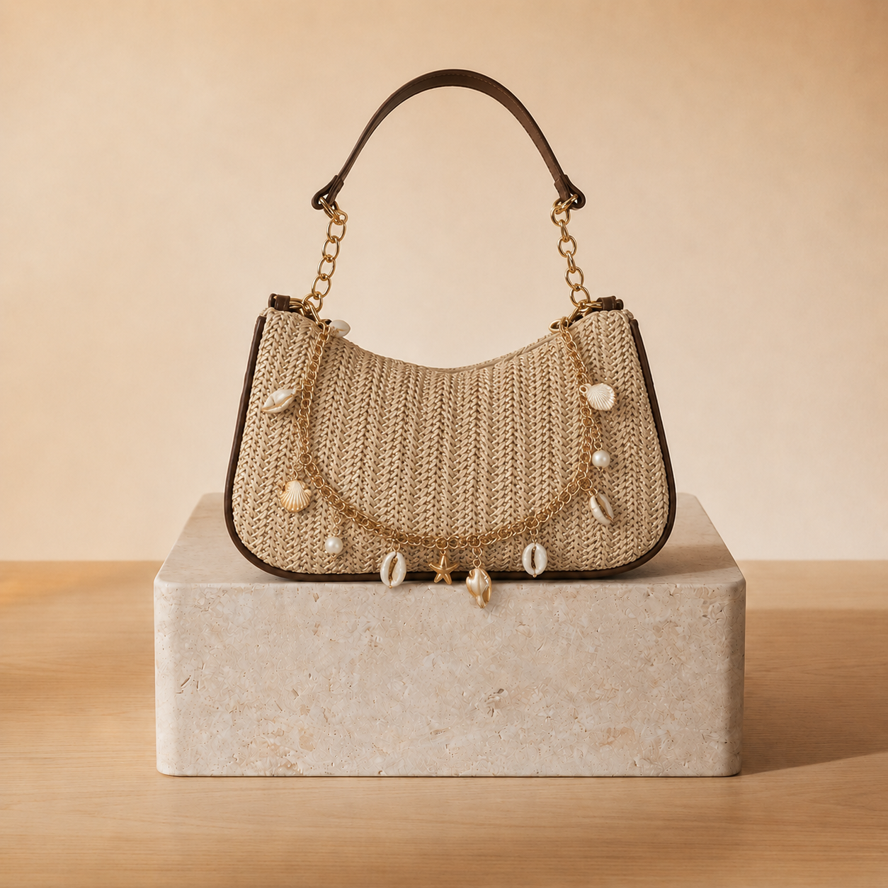 Bolso Hobo de Rafia con Charms de Conchas y Perlas