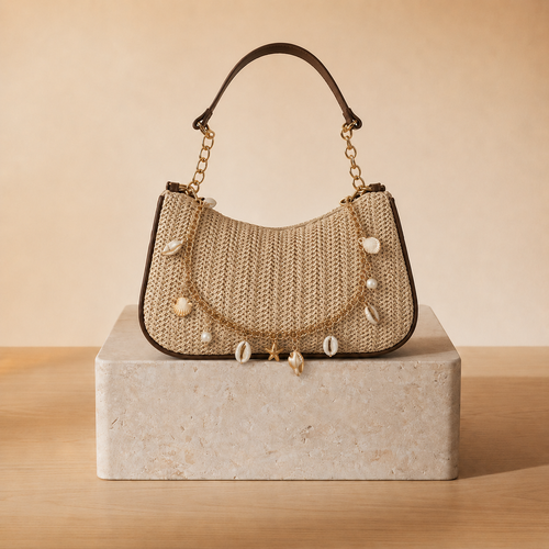 Bolso Hobo de Rafia con Charms de Conchas y Perlas