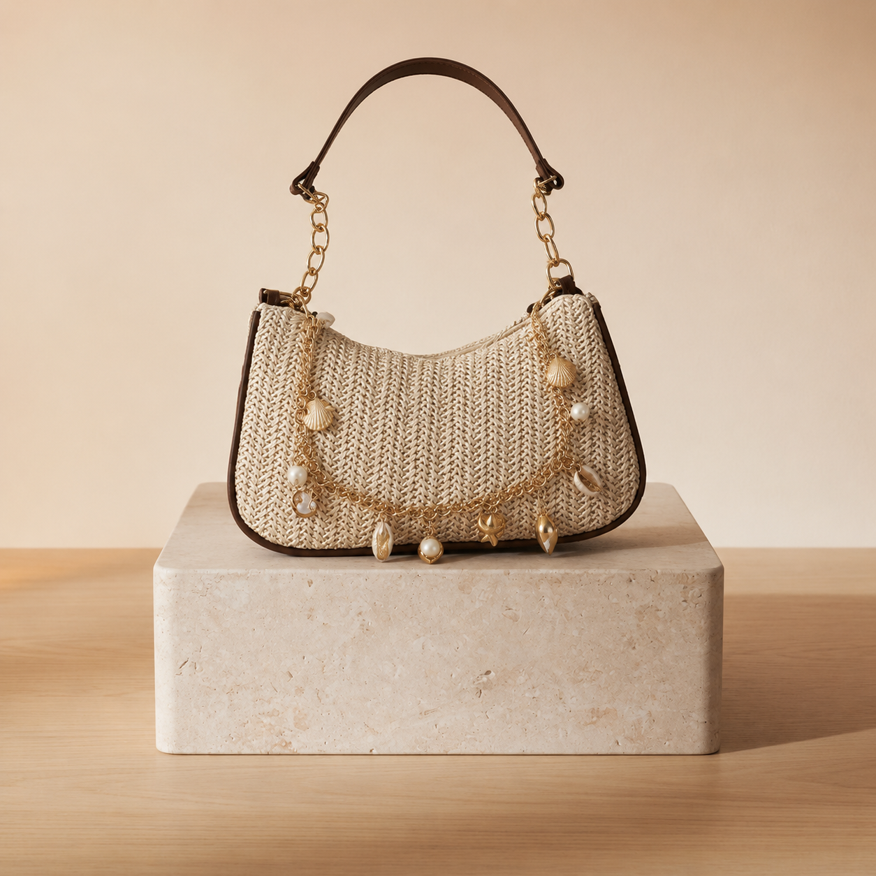 Bolso Hobo de Rafia con Charms de Conchas y Perlas