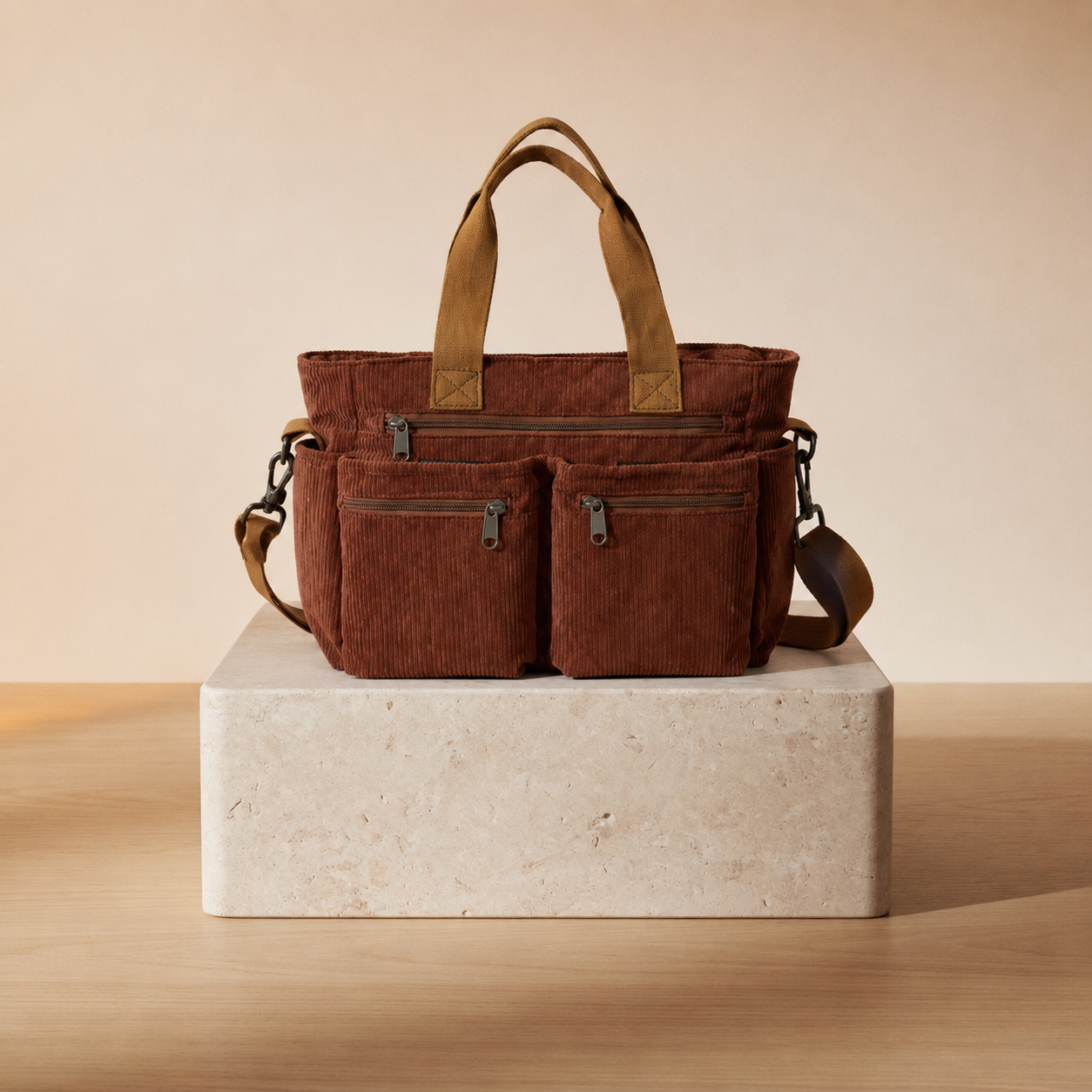 Tote Bag de Pana con Múltiples Bolsillos