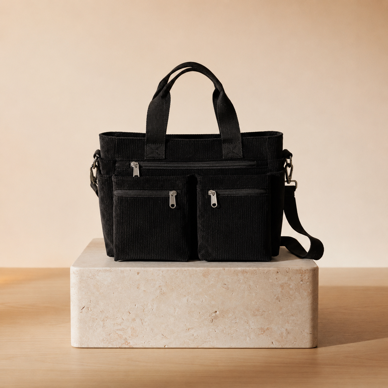 Tote Bag de Pana con Múltiples Bolsillos