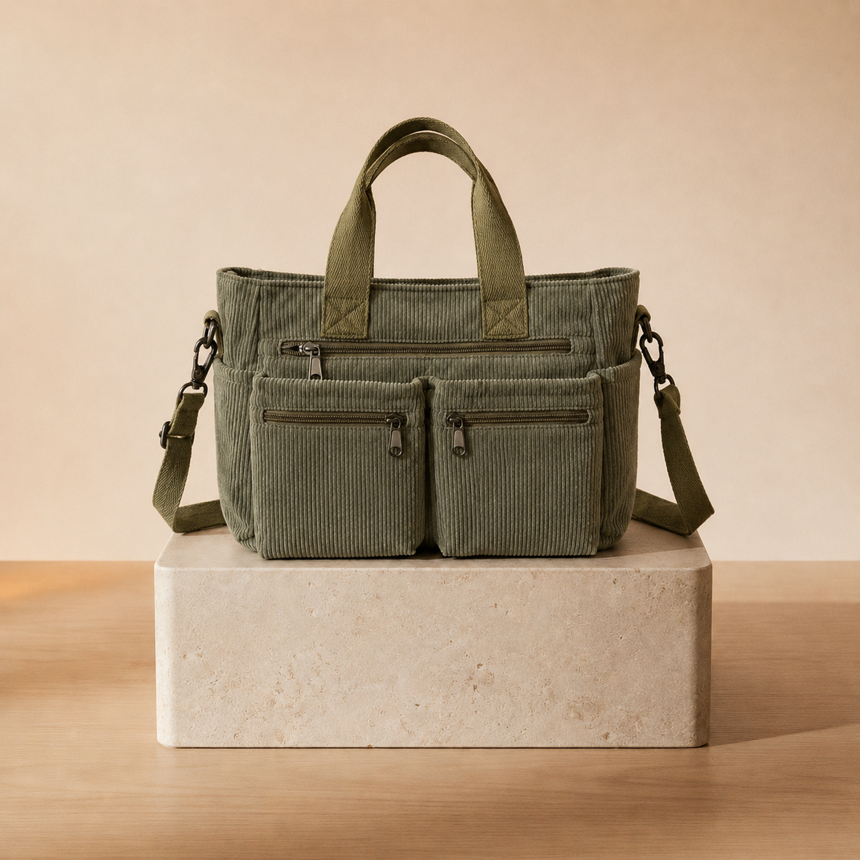 Tote Bag de Pana con Múltiples Bolsillos